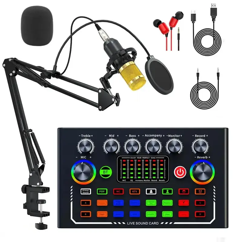 F009 Professional Wireless Live Audio Card Device, Bluetooth-compatible DJ Sound Control Audio Mixer with RGB Buttons, Suita...