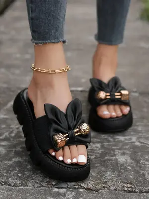 Women's Black Cute Bow Decor Slip on Wedge Sandals, Casual Comfortable Geometric Decor Home Sandals, Fashionable Summer Shoes...