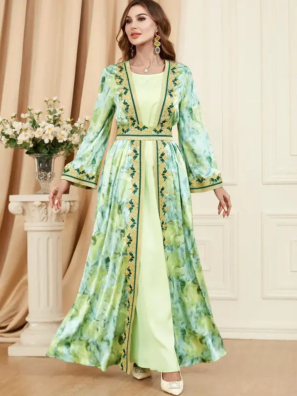 Women's Tie Dye Print Embroidery Two-piece Set, Elegant Flounce Sleeve Belted Abaya & Tank Dress for Spring & Fall, Women's I...