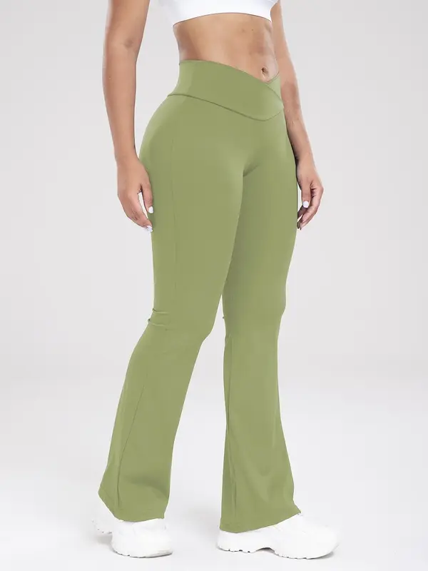 Women's Plain High Waist Sports Leggings, Leggings for Women, Wrap Flare Leg Pants, High Stretch Seamless Yoga Leggings, Back...