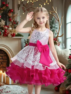 Young Girls Wedding Lace Dress, Christmas with Big Bow Design, Cute Butterfly Style Princess Dress for Birthday Party