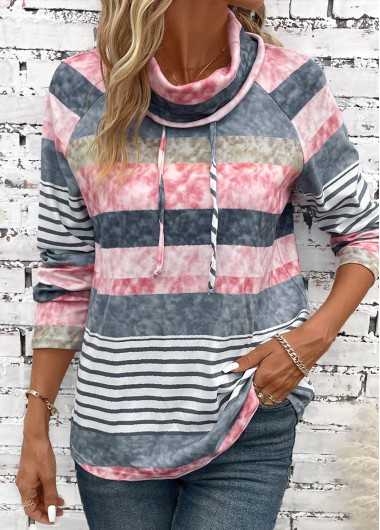 Modlily Multi Color Drawstring Striped Long Sleeve Cowl Neck Sweatshirt - XL