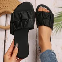 Women's Flat Sandals Fashion Square Open Toe Slides With Chic Pleated Slippers for Summer