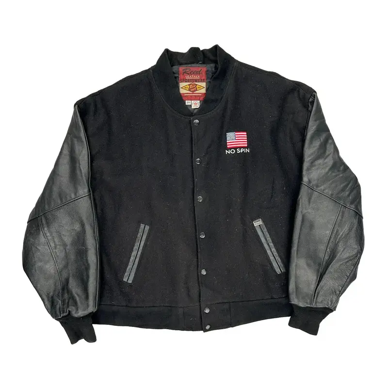 No Spin, American Flag Reed Leather Sportswear Varsity Jacket - 2XL Black Wool Blend