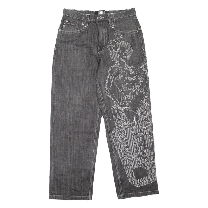 KARL KANI Embroidered Mens Jeans Grey Relaxed Tapered W34 L34