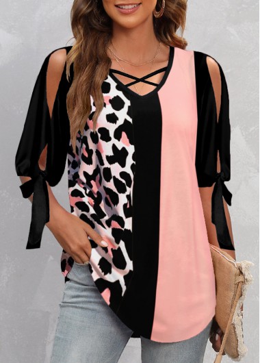 Modlily Pink Criss Cross Leopard Half Sleeve V Neck Blouse - XL
