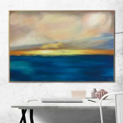 Large Blue Wall Art Abstract Ocean Painting Sunset Painting Canvas Extra Large Wall Art Framed Abstract Modern Art Xl Paintin...