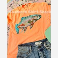 Rainbow Trout Sequin Patch T shirt  | Neon Cantelope comfort colors T shirt | Top | Fishing Shirt | Girls who Fish