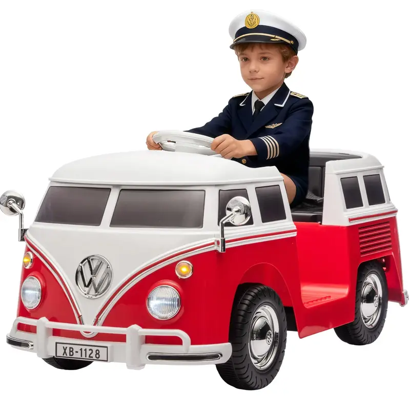 Garvee Volkswagen Licensed Electric Ride-On Bus for Kids - 6V Battery, LED Headlights, Music, Horn, Cup Holder, Pedal Control...