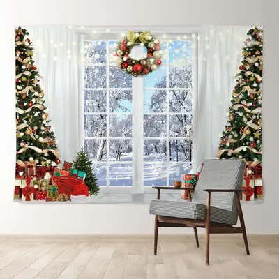 Aperturee Ball Wreath White Curtain Snowy Christmas Backdrop