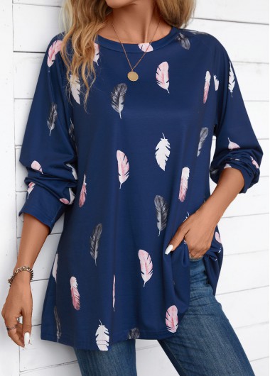 Modlily Navy Feathers Print Extra Long Sleeve Round Neck Blouse - L
