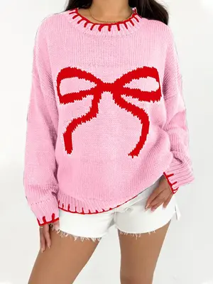 Women's Colorblock Bow Print Drop Shoulder Sweater, Casual Long Sleeve Round Neck Jumper for Fall & Winter, Fashion Ladies' K...