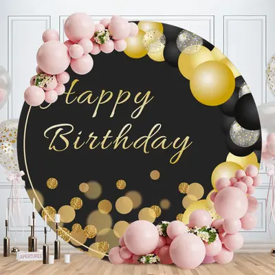 Aperturee Gold Glitter Bokeh Round Black Birthday Backdrop