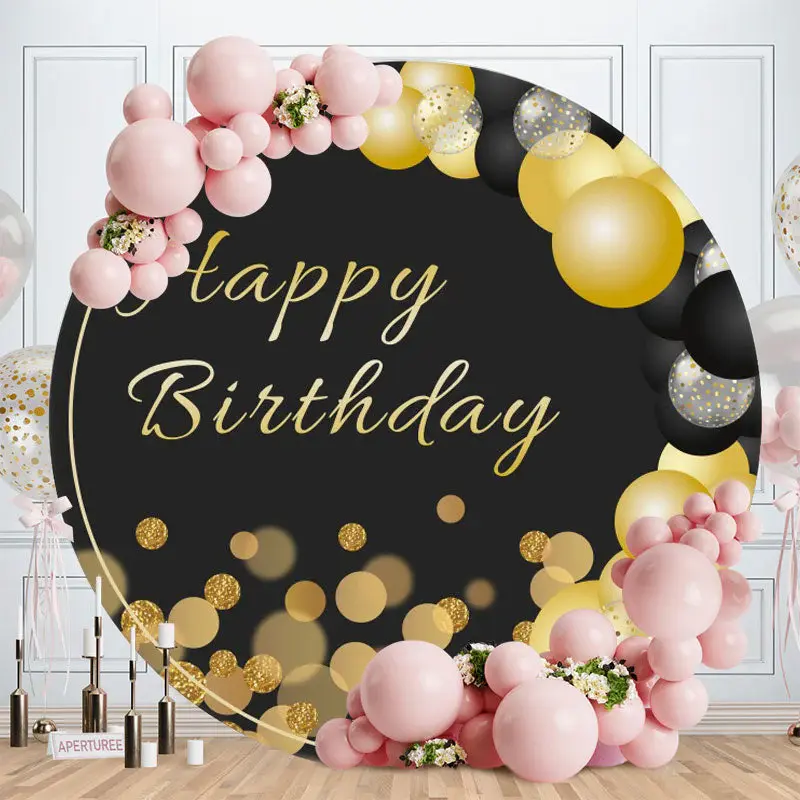 Aperturee Gold Glitter Bokeh Round Black Birthday Backdrop