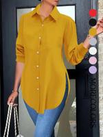 Women's Plain Button Front Split Side Shirt, Casual Long Sleeve Collared Top for Spring & Fall, Ladies Clothes for Daily Wear