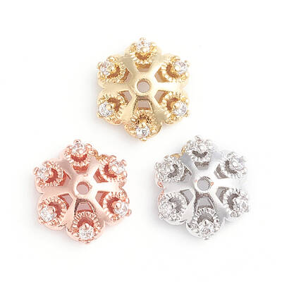 6-Petal Brass Micro Pave Clear Cubic Zirconia Fancy Bead Caps