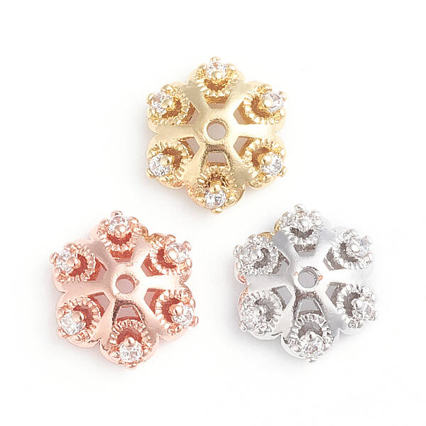 6-Petal Brass Micro Pave Clear Cubic Zirconia Fancy Bead Caps