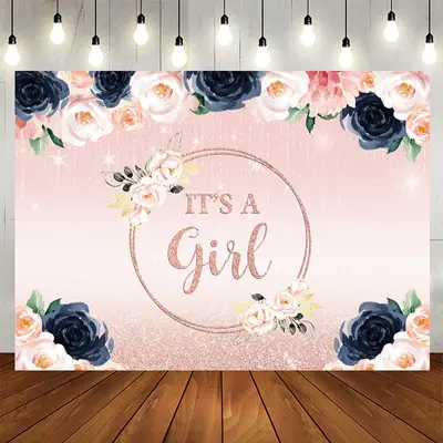Aperturee Glitter Pink And Floral Its A Girl Baby Shower Backdrop