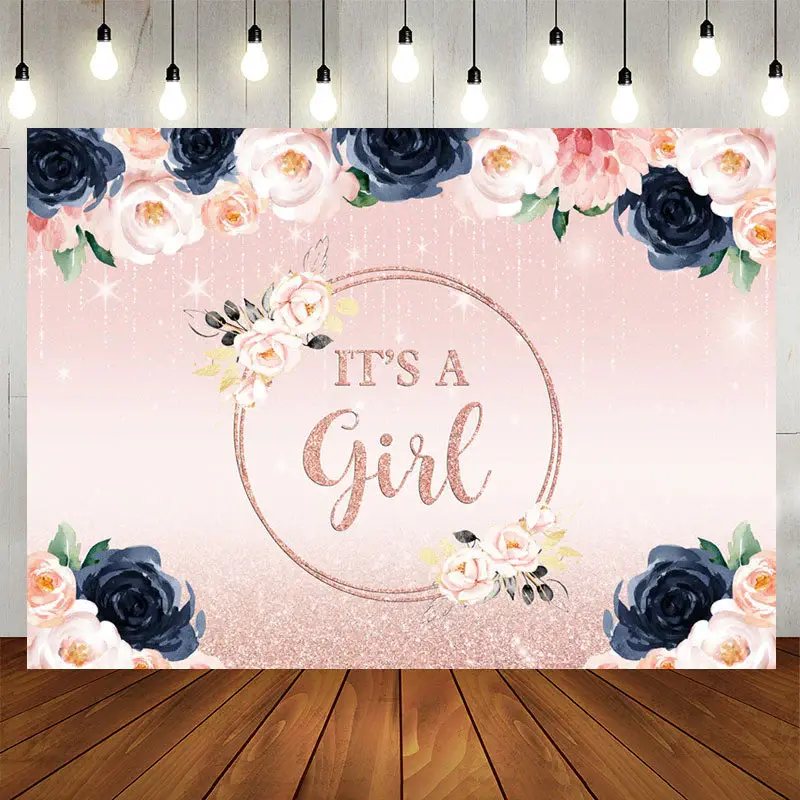 Aperturee Glitter Pink And Floral Its A Girl Baby Shower Backdrop
