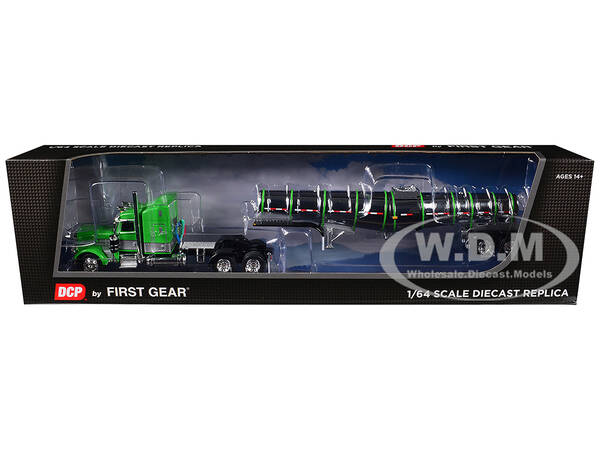 Peterbilt 389 with 48 Mid-Roof Sleeper and Polar Deep Drop Trailer Green and Silver 1/64 Diecast Model by DCP/First Gear