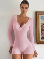 Women's Plain Button Front Ribbed Romper, Casual Long Sleeve Skinny Romper for Spring & Fall, Jumpsuit for Women, Women's Cl...