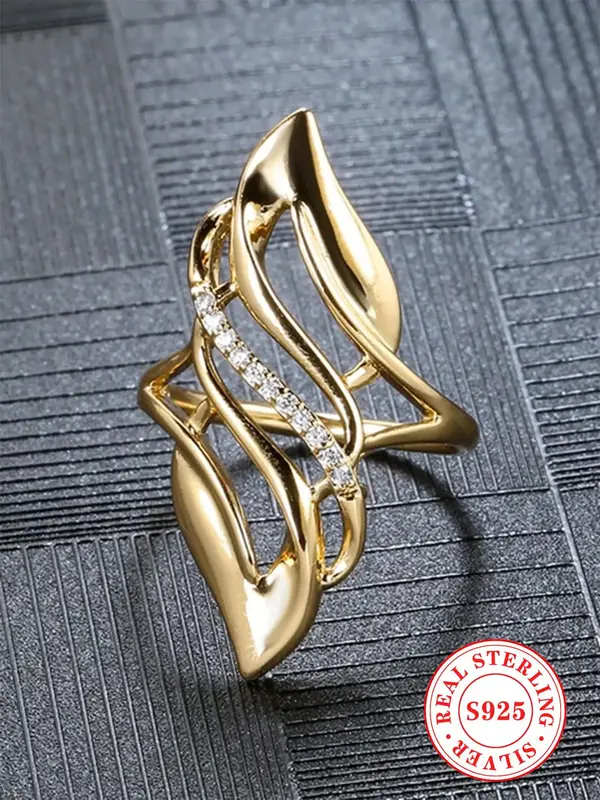 925 Sterling Silver Fashion Leaf Design Ring, Rhinestone Decorated Ring for Women, Trendy All-match & Exquisite Jewelry for B...