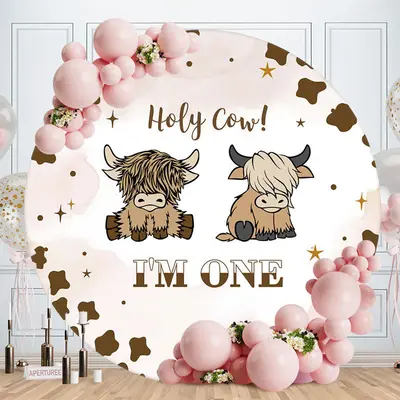 Holy Cow Brown Pattern Round 1st Birthday Backdrop - Aperturee