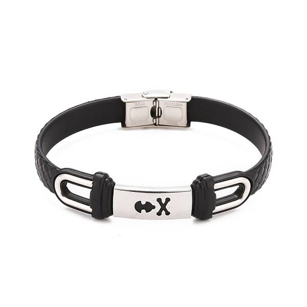 201 Stainless Steel Rectangle Link Bracelet with PU Leather Cord for Men Women