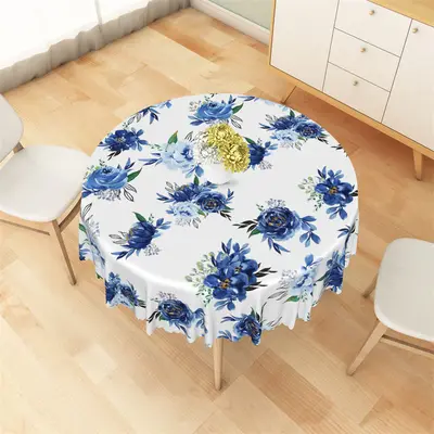 Blue Watercolor Floral And Leaves Round Tablecloth - Aperturee