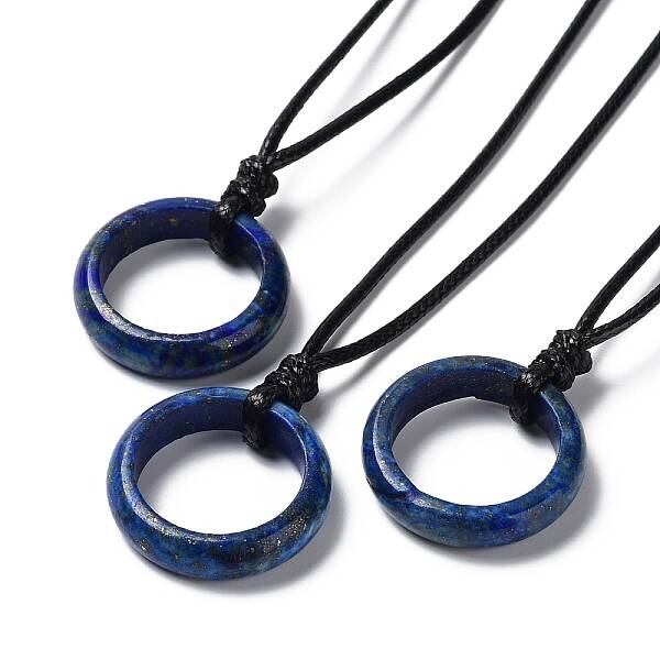 Natural Lapis Lazuli Ring Pendant Necklace with Waxed Cords