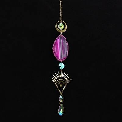 Natural Agate Piece & Metal Evil Eye Moon Hanging Ornaments