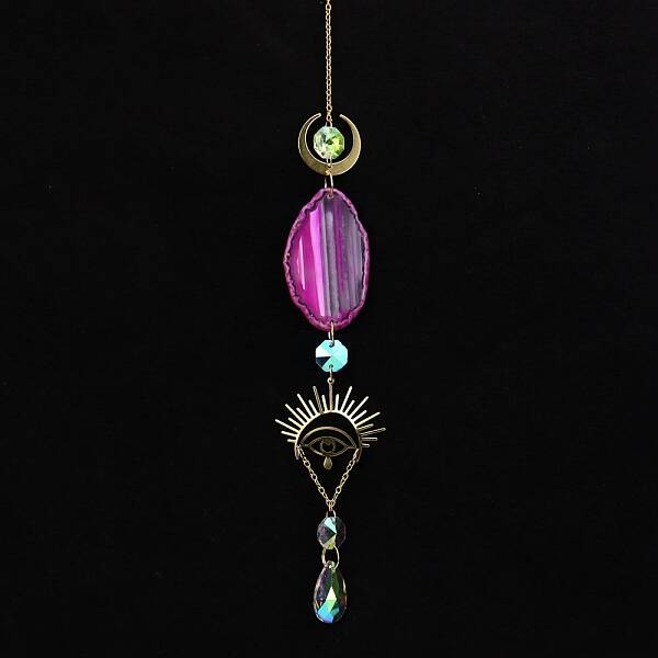 Natural Agate Piece & Metal Evil Eye Moon Hanging Ornaments