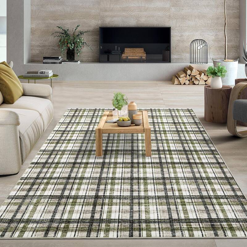 Garvee Green & Taupe 5x7 Washable Rug Area Rug Non Slip Soft Low Pile Stain Resistant Green&Taupe for Living Room Bedroom Din...