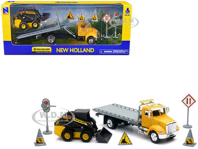 Peterbilt Roll-Off Flatbed Truck Yellow and New Holland L228 Skid Steer Yellow with Road Signs \