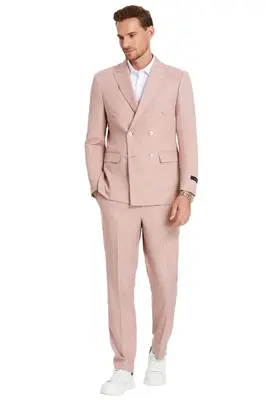 Men's Slim Fit Double Breasted Summer Pinstripe Rose Pink Suit