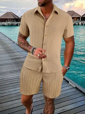 2 Pieces Men's Outfits Set, Regular Fit Solid Textured Button Shirt & Drawstring Waist Shorts, Back-to-school Clothing, Casua...