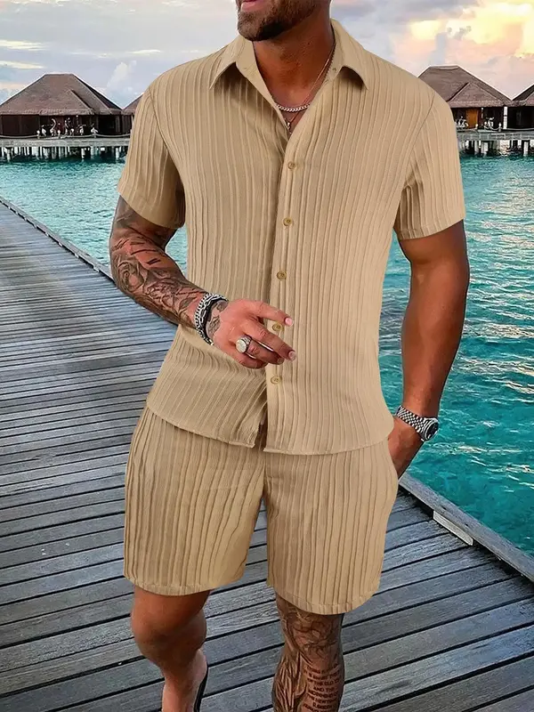 2 Pieces Men's Outfits Set, Regular Fit Solid Textured Button Shirt & Drawstring Waist Shorts, Back-to-school Clothing, Casua...