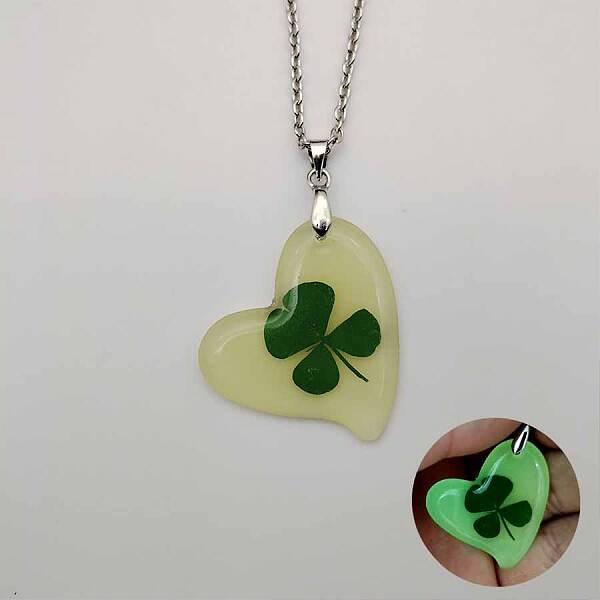 Glow in the Dark Resin Heart with Clover Pendant Necklace