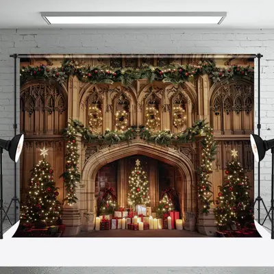 Retro Brown Wall Xmas Trees Gifts Christmas Backdrop