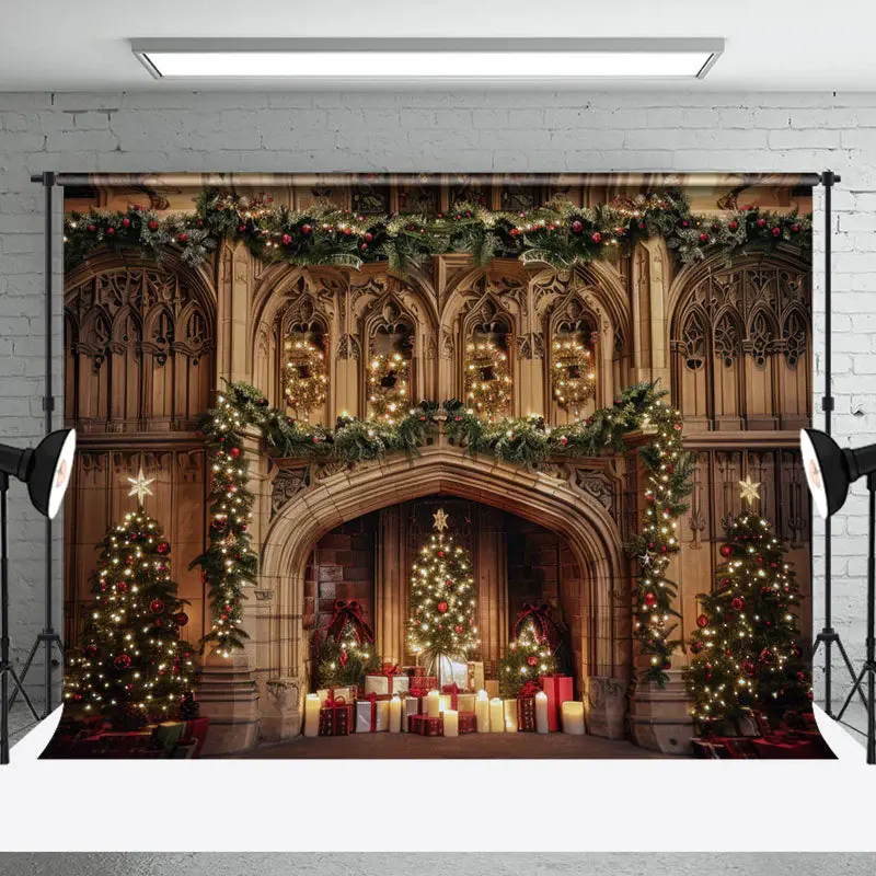 Retro Brown Wall Xmas Trees Gifts Christmas Backdrop