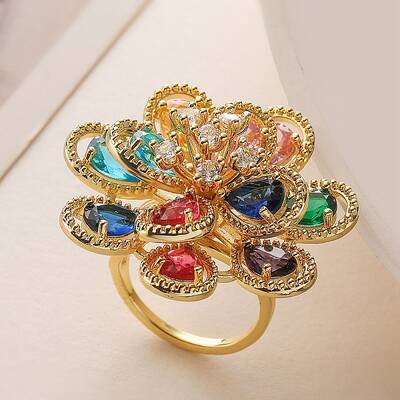Flower Brass Micro Pave Cubic Zirconia Finger Rings for Women