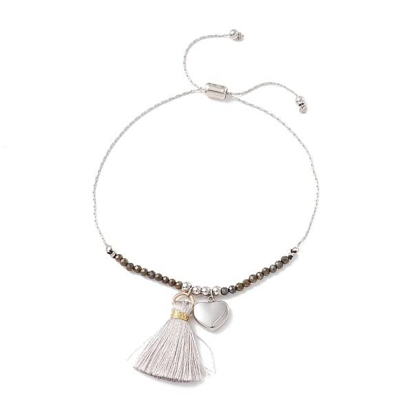 Polyester Tassel & Heart Charm Slider Bracelets for Women