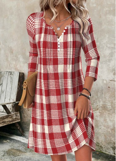 Modlily Red Tummy Coverage Plaid Short Long Sleeve Dress - XL