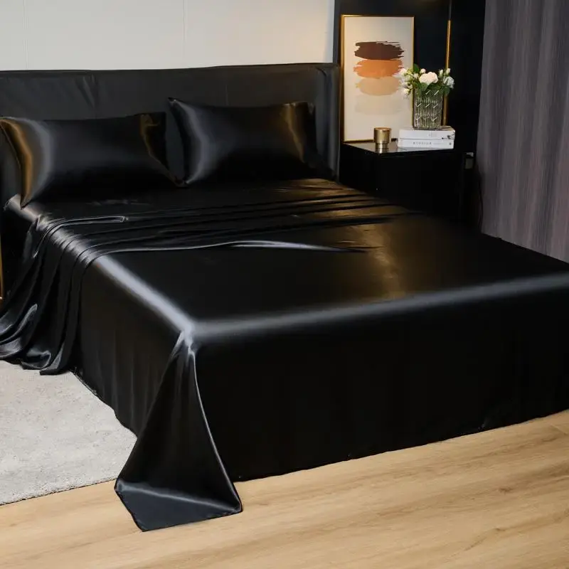 Solid Color Satin Bedding without Filler, 3/4 Counts Including 1 Count Flat Sheet & 1 Count Fitted Sheet & 1/2 Counts Pillowc...