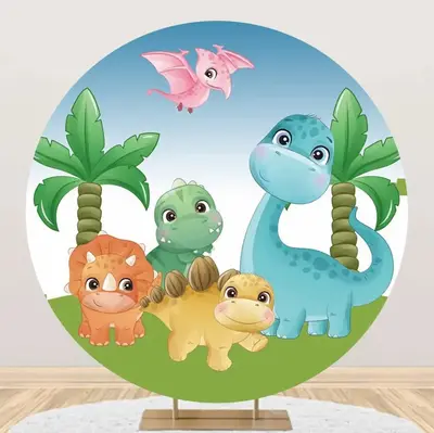 Palm Trees Colorful Baby Dinosaurs Round Backdrop - Aperturee