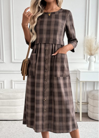 Modlily Dark Coffee Tummy Coverage Plaid 3/4 Sleeve Dress - L