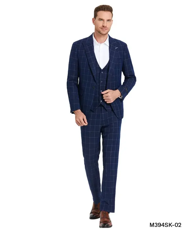Check    Tazio Men's Skinny Fit 3-Piece Windowpane Check Suit - Sharp & Stylish