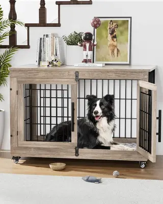 Dog Crate Furniture with 2 Doors, Size from M to XL Dog Cage, Thick Wooden Top, Heavy-Duty Dog Cage with Soft Cushion & Wheel...