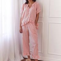 Women's Pajama Set, Short Sleeve Plaid Print Button Up Shirt + Ruffle Pants Set, Sleepwear Loungewear, Casual Outfits 2024, L...