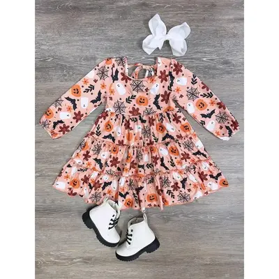 Frightfully Fun Fall Girls or Toddler Bat, Ghost, Jack-O-Lantern Pumpkin Halloween or Fall Long Sleeve Dress
